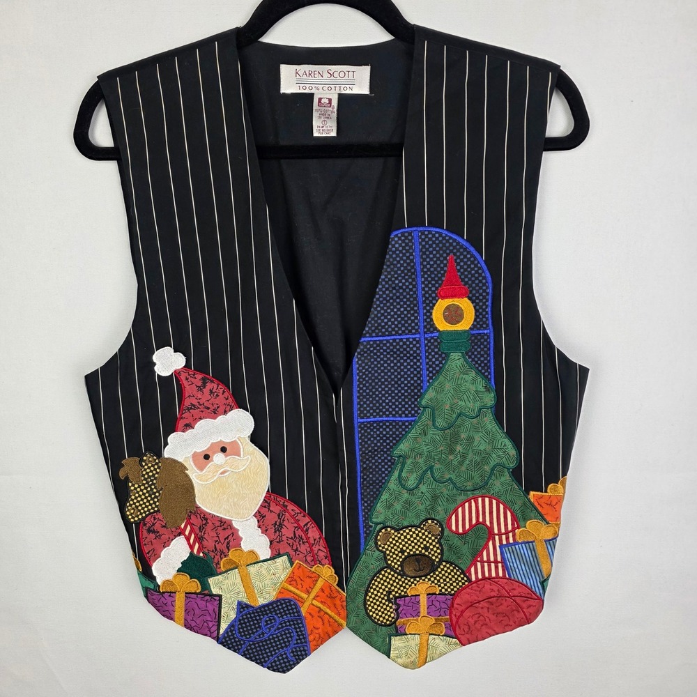 Karen Scott Womens Christmas Vest Sm Black Pinstripe‎ Santa Tree Cotton Vintage